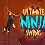 En animert figur kledd som en ninja svinger fra en kjetting foran teksten Ultimate Ninja Swing med tannhjul i bakgrunnen