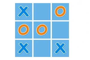 Et rutenett med 3x3 firkanter, hvor blå kryss og orange sirkler er plassert i forskjellige felt