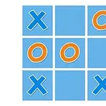 Et rutenett med 3x3 firkanter, hvor blå kryss og orange sirkler er plassert i forskjellige felt