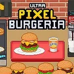 Pixelgrafikk av en burgerrestaurant med en burger på en tallerken, en brusmaskin, og flere hamburgere i forgrunnen
