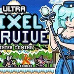 Tegnet kvinne med blått hår og kjole står ved siden av en pikselert landskap med en leirbålscene og teksten Ultra Pixel Survive: Winter Coming