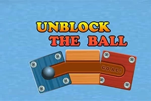 Tre puslebrikker i blått, oransje og rødt med en metallkule og teksten Unblock the Ball