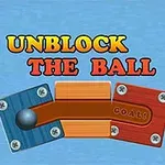 Tre puslebrikker i blått, oransje og rødt med en metallkule og teksten Unblock the Ball