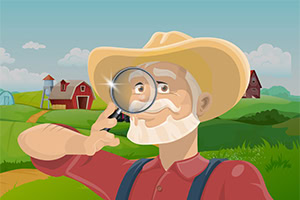 Tegning av en landlig figur med hatt og forstørrelsesglass, som står foran et landskap med åkre, bondegårder og en blå himmel