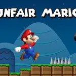 En tegnet figur med rød hatt hopper over pigger, med et fiendtlig prosjektil som nærmer seg fra høyre, og teksten Unfair Mario 2 i bakgrunnen