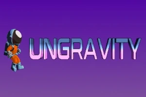 En astronautfigur i oransje drakt står ved siden av teksten UNGRAVITY på en lilla bakgrunn