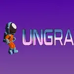 En astronautfigur i oransje drakt står ved siden av teksten UNGRAVITY på en lilla bakgrunn