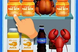 En tegnet hånd peker på et glass peanøttsmør i en hylle med forskjellige matvarer som juice, brus og hummer
