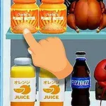 En tegnet hånd peker på et glass peanøttsmør i en hylle med forskjellige matvarer som juice, brus og hummer