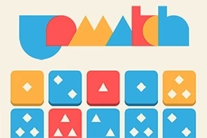 Fargerike geometriske former arrangert i et rutenett med et stilisert logo øverst