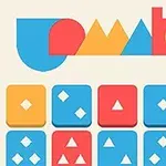 Fargerike geometriske former arrangert i et rutenett med et stilisert logo øverst