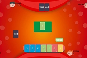 Illustrasjon av et spillebord med fargerike kort og teksten Your Turn i midten, omgitt av ansiktsikoner og poengsummer