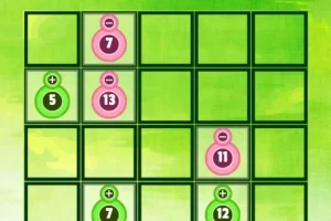 Et rutenett med grønne og rosa sirkler som viser tall og plus- eller minus-symboler