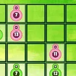 Et rutenett med grønne og rosa sirkler som viser tall og plus- eller minus-symboler