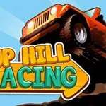 Et oransje terrengkjøretøy som kjører oppover en bakke, med teksten Up Hill Racing i fargerike bokstaver