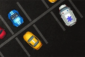 Parkerte biler i et parkeringsområde, inkludert en blå bil, en gul bil og en ambulanse
