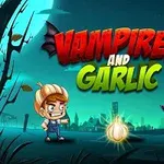 Tegnet bilde med en gutt med gresskar på hodet og en vampyrfigur stående på hver sin side av en hvitløk, med teksten Vampires and Garlic over dem