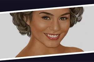 En digital illustrasjon av en smilende person med krøllete hår og brun hud, i et skrått rektangulært utsnitt