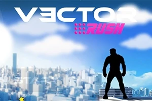 Silhuett av en person som står mot en bysilhuett under en blå himmel med teksten Vector Rush skrevet i himmelen