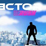 Silhuett av en person som står mot en bysilhuett under en blå himmel med teksten Vector Rush skrevet i himmelen