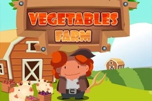 En tegnet bonde står foran en låve med tre griser, omgitt av grønne åkre, med en treskilt over hodet som sier Vegetables Farm