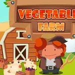 En tegnet bonde står foran en låve med tre griser, omgitt av grønne åkre, med en treskilt over hodet som sier Vegetables Farm