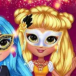 To animerte figurer med fargerike masker og livlige frisyrer mot en stjernedekorert bakgrunn