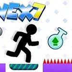 Silhuett av en person som løper over en plattform med pigger og en flaske i bakgrunnen, omgitt av store fingre og logoen VEX 7