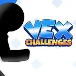 Silhuett av en løpende figur ved siden av teksten VEX Challenges på bakgrunn med blå striper