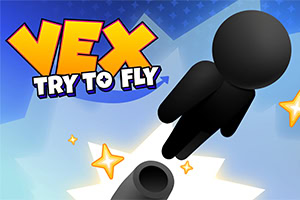 Fargerik illustrasjon med svart figur som flyr over en kanon mot en blå stjernehimmel, med teksten «VEX TRY TO FLY»