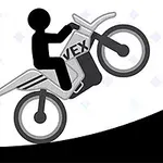 En stilisert figur kjører motorsykkel opp en bakke med et advarselsskilt i bakgrunnen