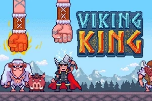 En pikselert scene med vikingfigurer, store hender som kommer ovenfra, og teksten Viking King mot en fjellbakgrunn