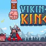 En pikselert scene med vikingfigurer, store hender som kommer ovenfra, og teksten Viking King mot en fjellbakgrunn