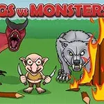 En tegnet scene med en rød demon, en grå ulv og en liten mann med kniver omgitt av flammer