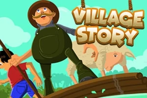 En cowboy, et barn og en sau krysser en bro med teksten Village Story i bakgrunnen