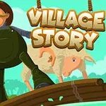 En cowboy, et barn og en sau krysser en bro med teksten Village Story i bakgrunnen