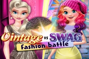 To moteriktige figurer står side om side, den ene i vintage stil med sølvkjole og vifte, og den andre i moderne stil med lue og fargerik kjole, med teksten Vintage vs Swag Fashion Battle i mellom dem