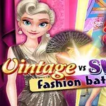 To moteriktige figurer står side om side, den ene i vintage stil med sølvkjole og vifte, og den andre i moderne stil med lue og fargerik kjole, med teksten Vintage vs Swag Fashion Battle i mellom dem
