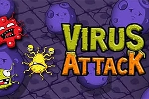 Fargerike virusfigurer med sprø ansikter foran en lilla bakgrunn med teksten Virus Attack i midten