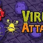 Fargerike virusfigurer med sprø ansikter foran en lilla bakgrunn med teksten Virus Attack i midten