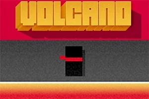 Teksten Volcano i store gule bokstaver på en rød bakgrunn, med et enkelt svart rektangulært element under