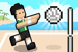 Pixelert figur som spiller volleyball på stranden med en ball i luften og et nett i forkant