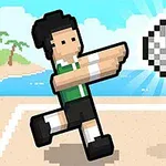 Pixelert figur som spiller volleyball på stranden med en ball i luften og et nett i forkant
