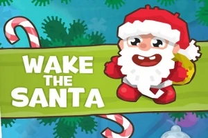 Tegneserieaktig julenisse med en stor sekk og teksten Wake the Santa mot en bakgrunn av juletrær og sukkertøystenger