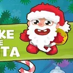 Tegneserieaktig julenisse med en stor sekk og teksten Wake the Santa mot en bakgrunn av juletrær og sukkertøystenger