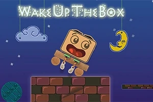 En tegneseriefigur formet som en boks med øyne og munn står på en mursteinsplattform, omgitt av skyer, en måne og teksten Wake Up The Box i bakgrunnen