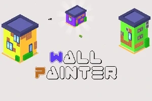 Tegning av tre fargerike bygninger i isometrisk perspektiv med teksten WALL PAINTER under