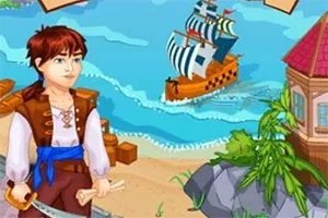 En tegnet scene med en karakter i piratklær på en strand, et seilskip i bakgrunnen, og en bygning ved kysten