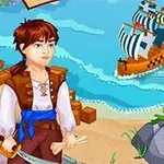 En tegnet scene med en karakter i piratklær på en strand, et seilskip i bakgrunnen, og en bygning ved kysten