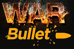 Ordene WAR i flammer og Bullet med en kule ved siden av på en svart bakgrunn